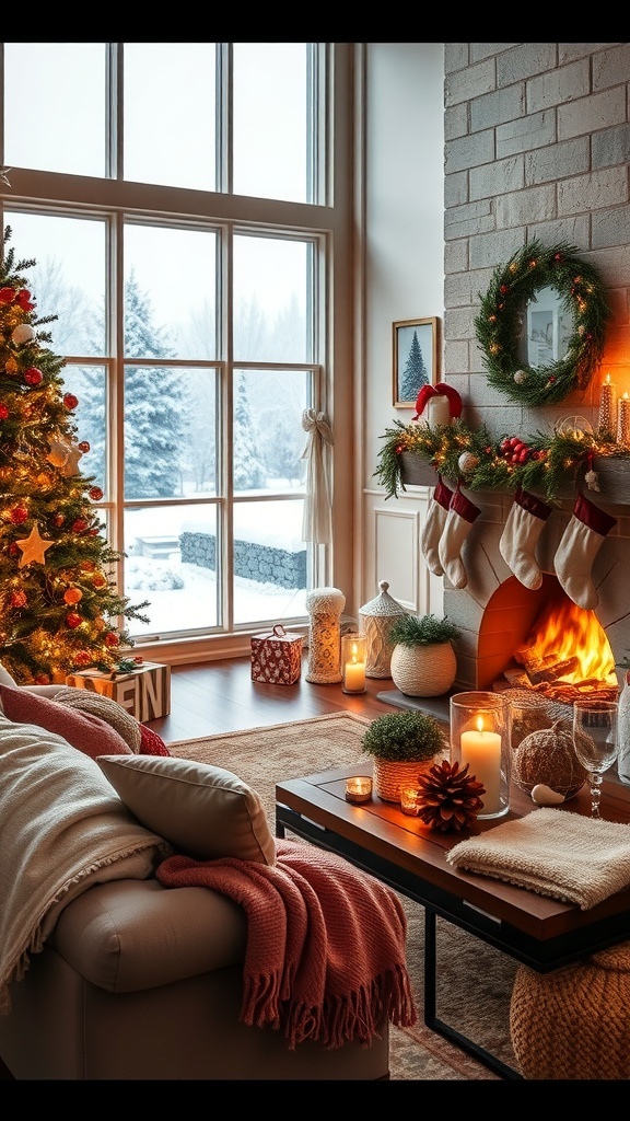 Christmas Aesthetic Decor Ideas A cozy Christmas living room with a decorated tree, fireplace, and festive decor.